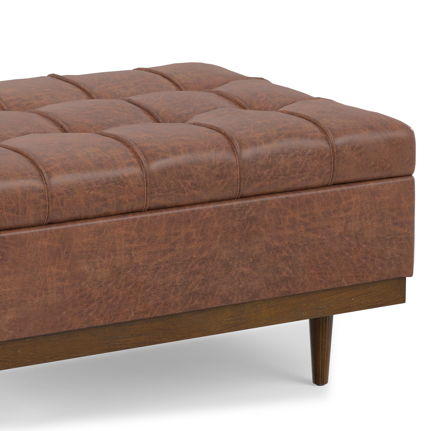 Distressed Saddle Brown Distressed Vegan Leather | Mariah Coffee Table Storage Ottoman in Distressed Vegan Leather