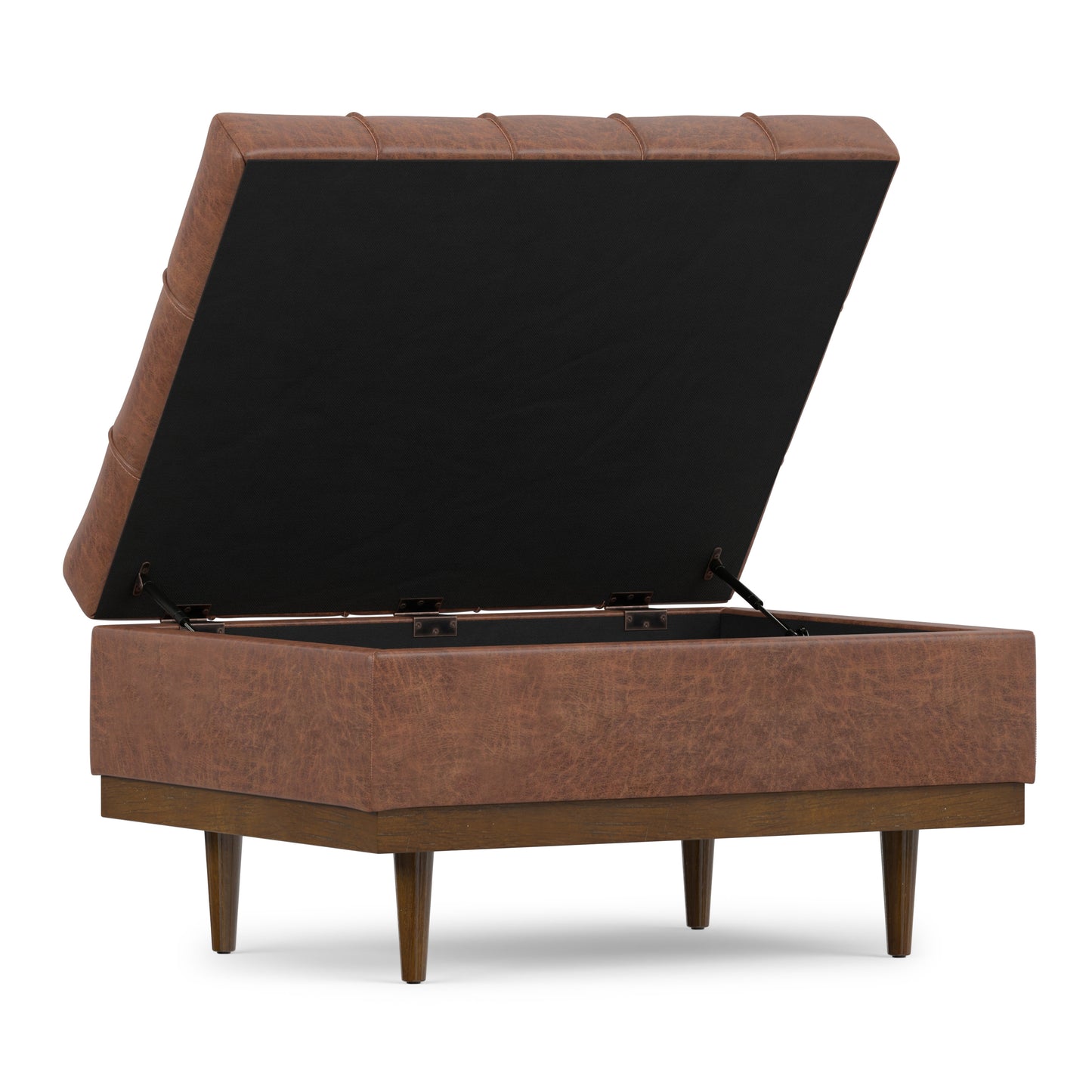 Distressed Saddle Brown Distressed Vegan Leather | Mariah Coffee Table Storage Ottoman in Distressed Vegan Leather