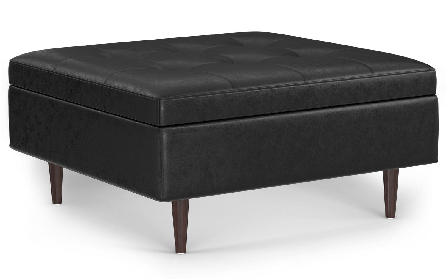 Distressed Black Distressed Vegan Leather | Shay Mid Century Large Square Coffee Table Storage Ottoman