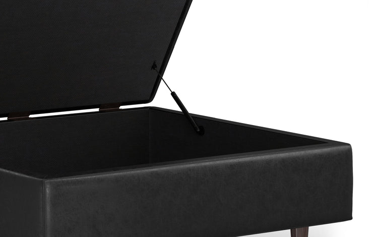 Distressed Black Distressed Vegan Leather | Shay Mid Century Large Square Coffee Table Storage Ottoman