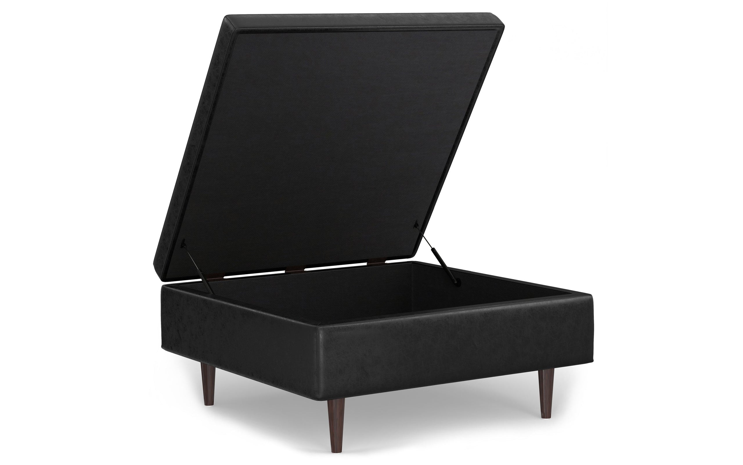Distressed Black Distressed Vegan Leather | Shay Mid Century Large Square Coffee Table Storage Ottoman