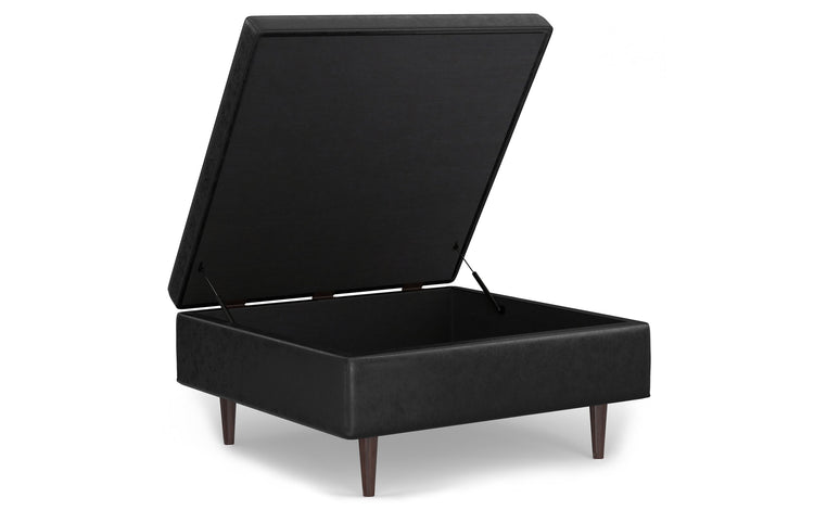 Distressed Black Distressed Vegan Leather | Shay Mid Century Large Square Coffee Table Storage Ottoman