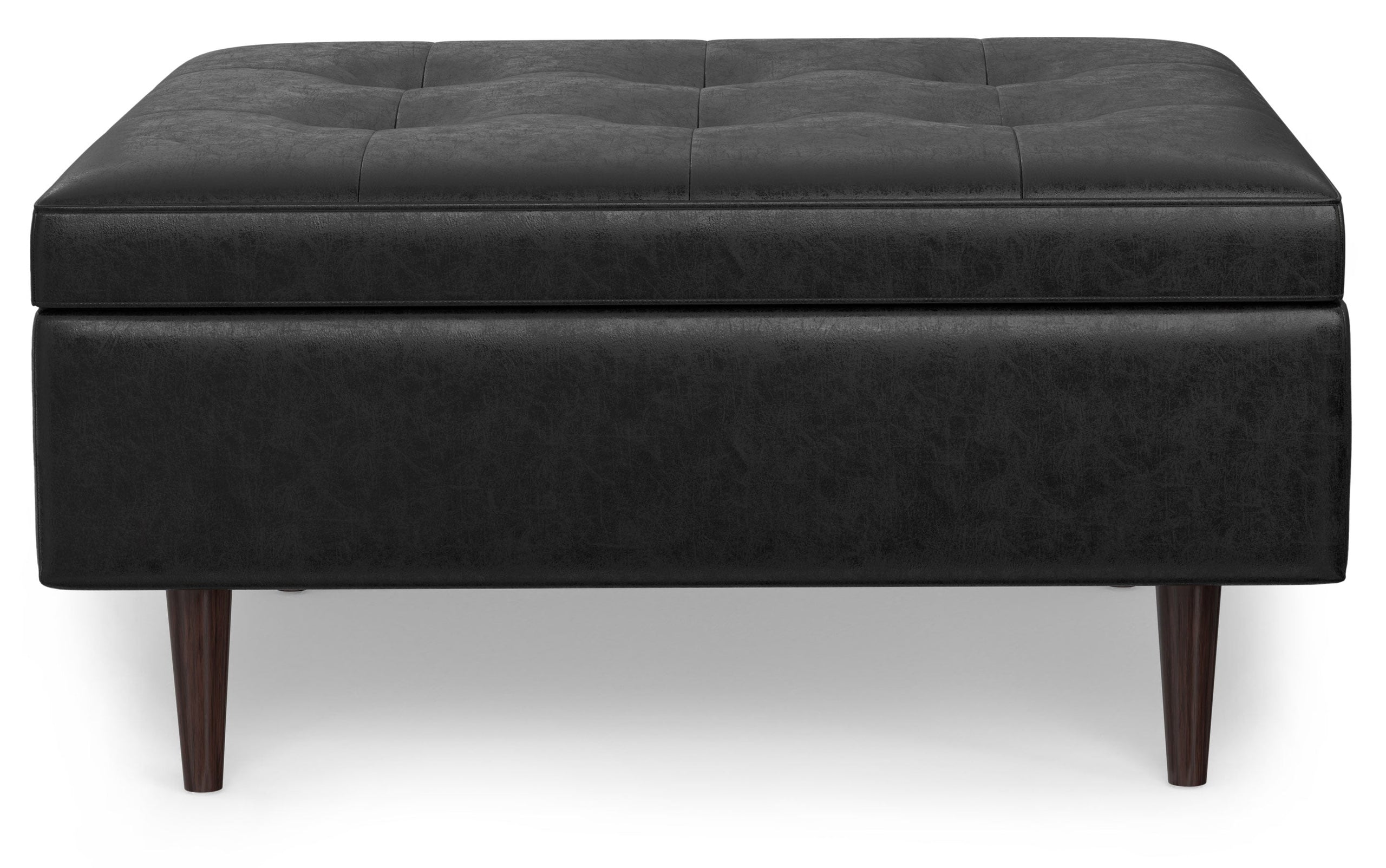 Distressed Black Distressed Vegan Leather | Shay Mid Century Large Square Coffee Table Storage Ottoman