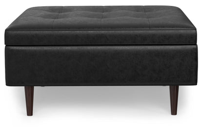 Distressed Black Distressed Vegan Leather | Shay Mid Century Large Square Coffee Table Storage Ottoman