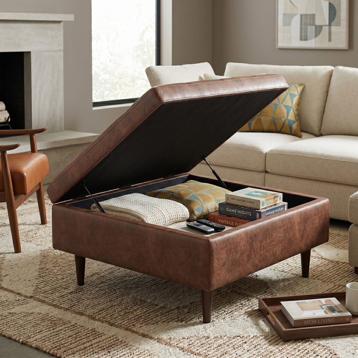 Distressed Saddle Brown Distressed Vegan Leather | Shay Mid Century Small Square Coffee Table Storage Ottoman