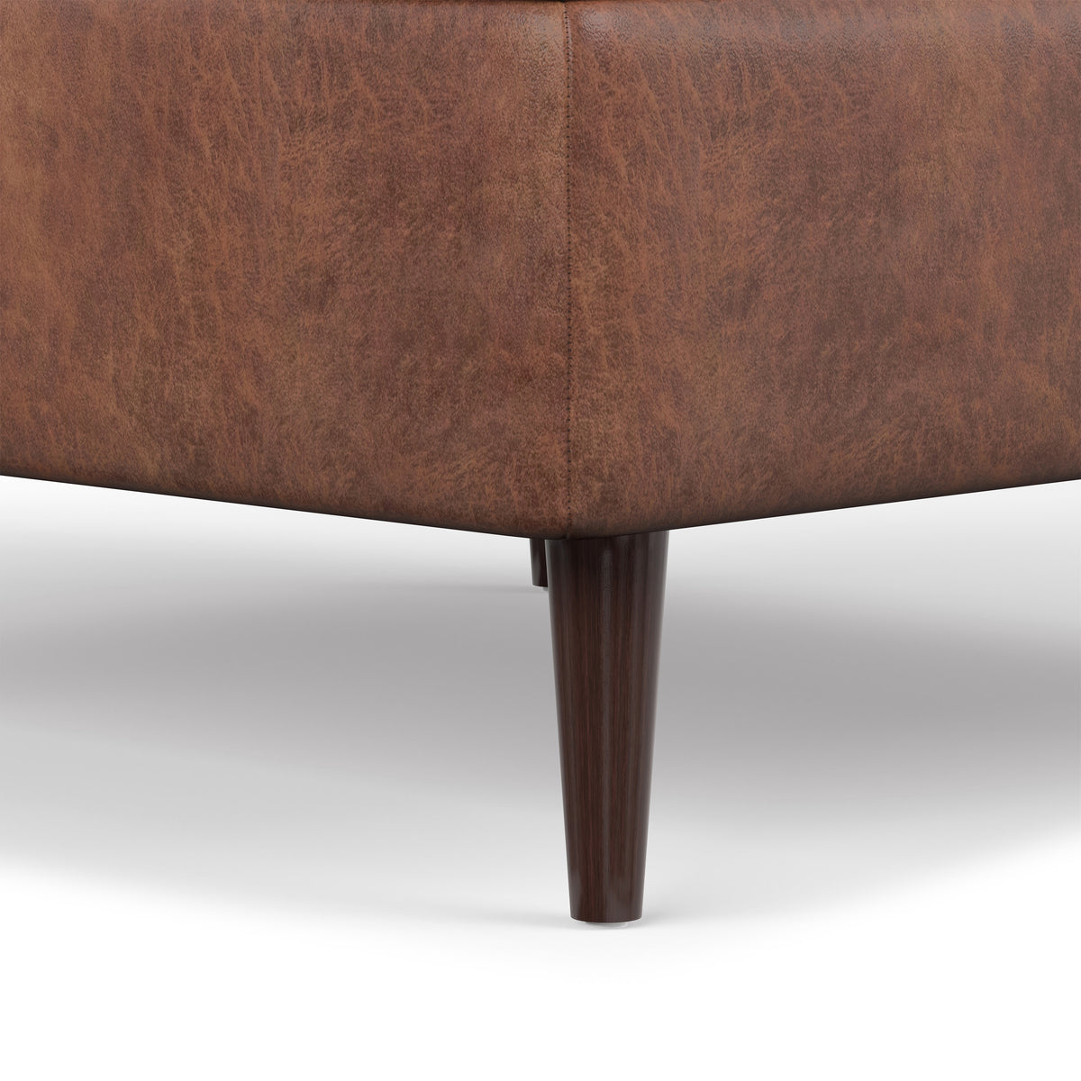 Distressed Saddle Brown Distressed Vegan Leather | Shay Mid Century Small Square Coffee Table Storage Ottoman