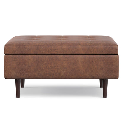 Distressed Saddle Brown Distressed Vegan Leather | Shay Mid Century Small Square Coffee Table Storage Ottoman