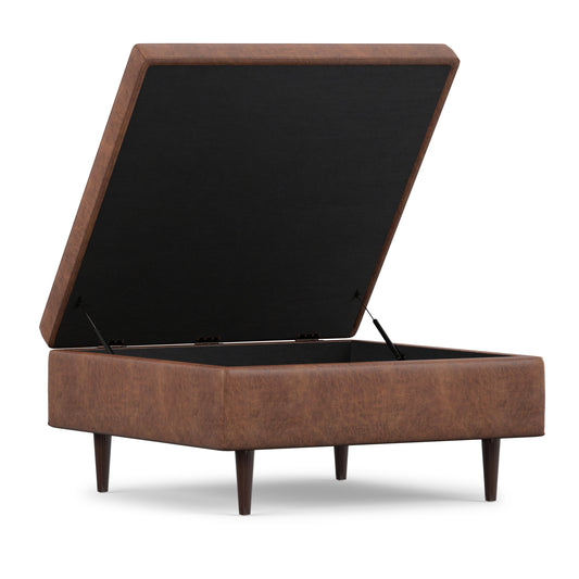 Distressed Saddle Brown Distressed Vegan Leather | Shay Mid Century Small Square Coffee Table Storage Ottoman