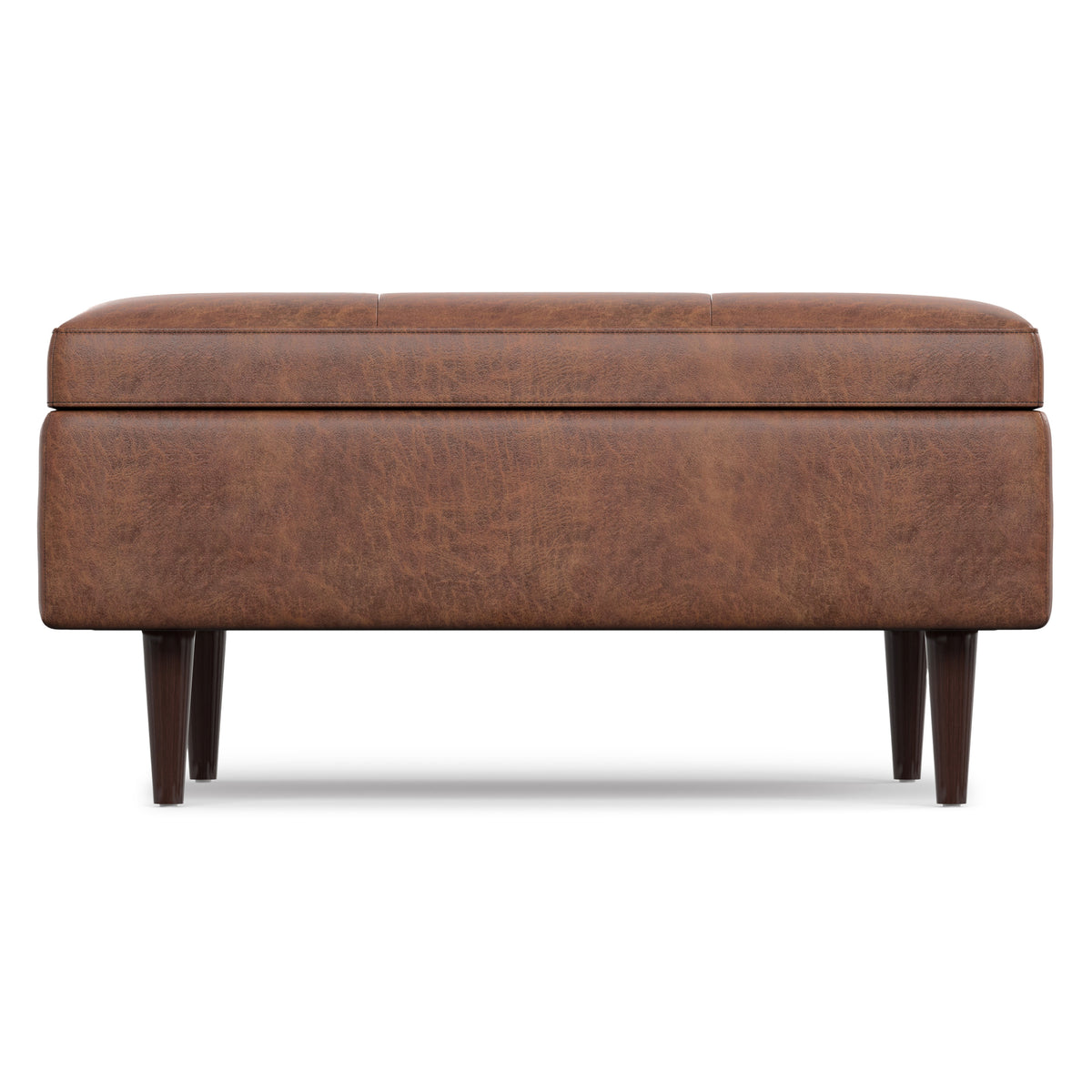 Distressed Saddle Brown Distressed Vegan Leather | Shay Mid Century Small Square Coffee Table Storage Ottoman