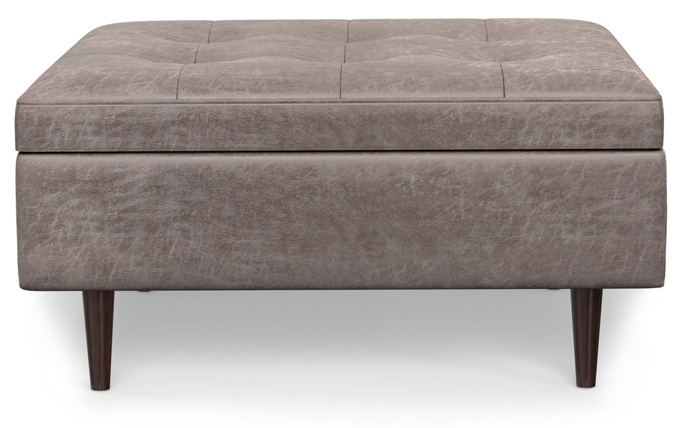 Distressed Grey Taupe Distressed Vegan Leather | Shay Mid Century Large Square Coffee Table Storage Ottoman