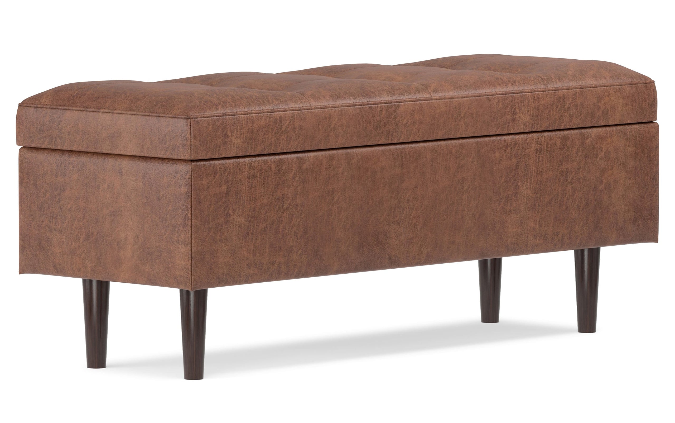 Distressed Saddle Brown Distressed Vegan Leather | Shay Mid Century Rectangular Storage Ottoman