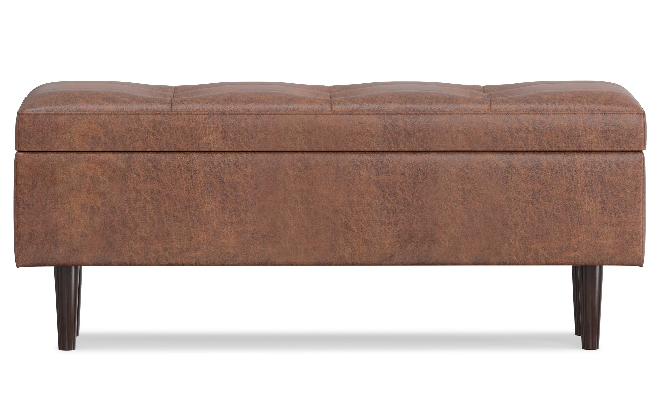 Distressed Saddle Brown Distressed Vegan Leather | Shay Mid Century Rectangular Storage Ottoman