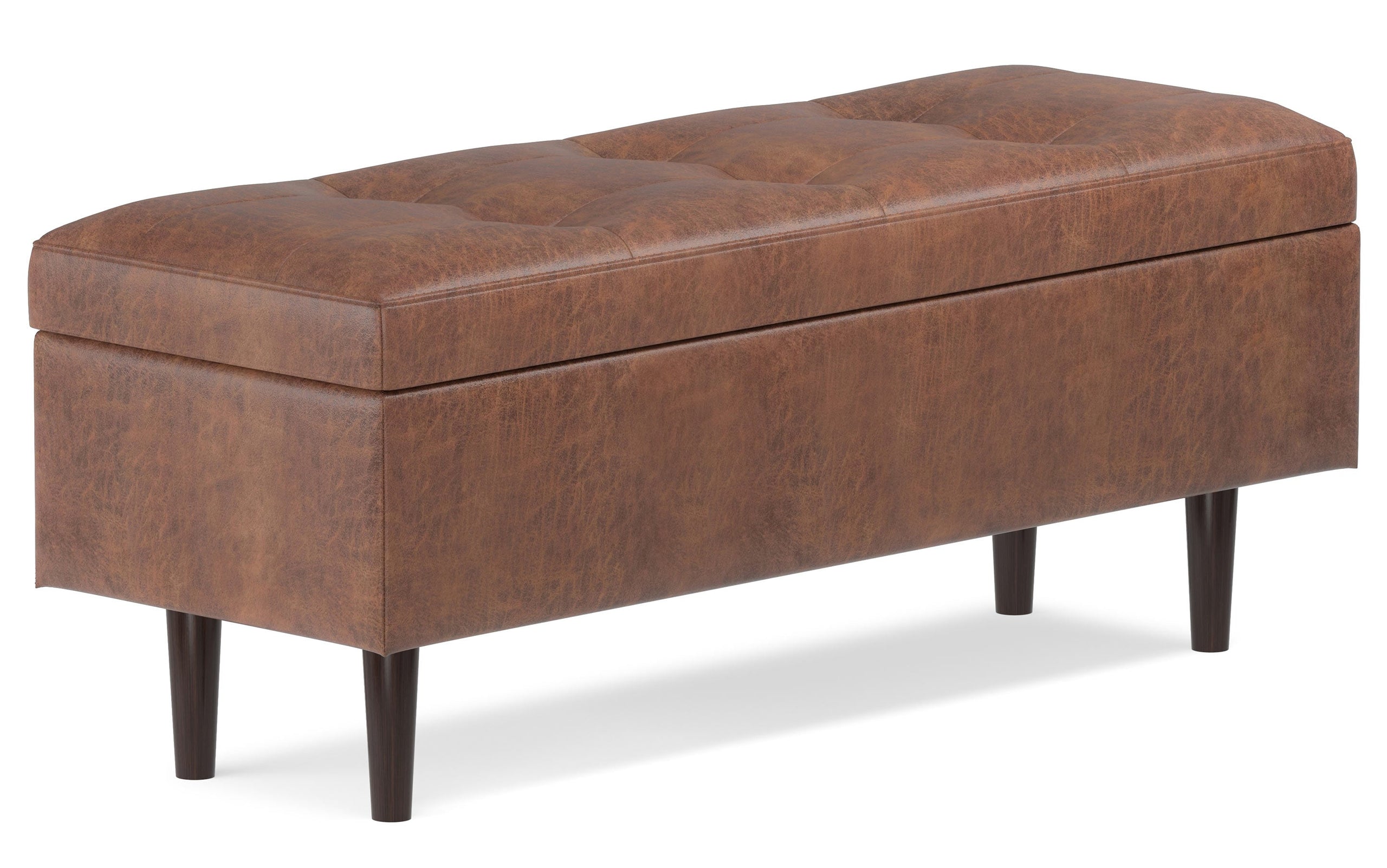 Distressed Saddle Brown Distressed Vegan Leather | Shay Mid Century Rectangular Storage Ottoman