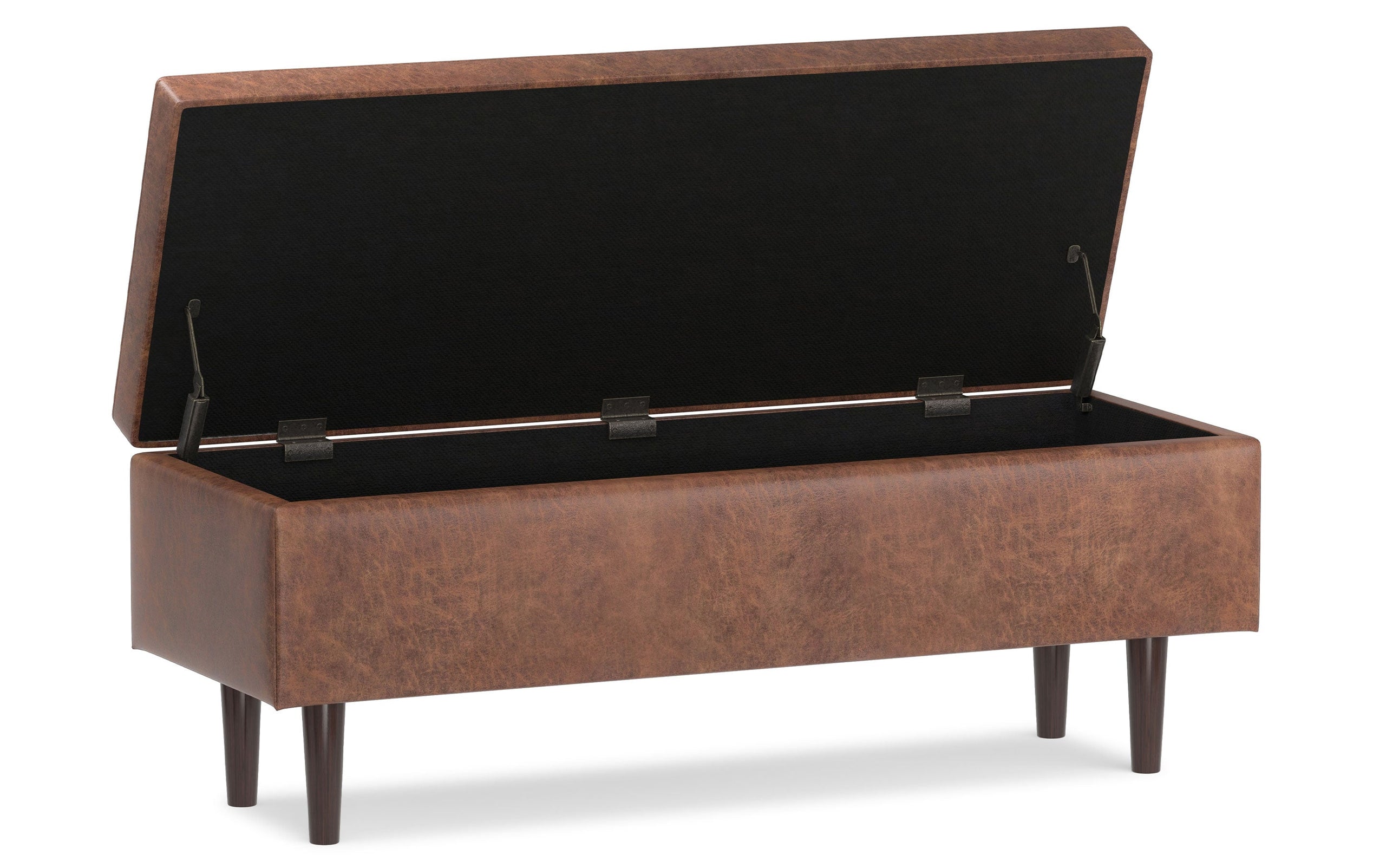 Distressed Saddle Brown Distressed Vegan Leather | Shay Mid Century Rectangular Storage Ottoman