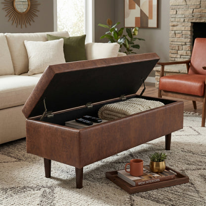 Distressed Saddle Brown Distressed Vegan Leather | Shay Mid Century Rectangular Storage Ottoman in Distressed Saddle Brown