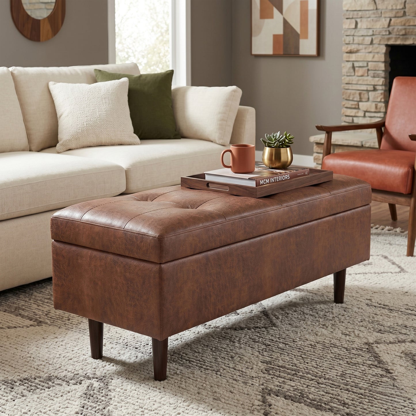 Distressed Saddle Brown Distressed Vegan Leather | Shay Mid Century Rectangular Storage Ottoman in Distressed Saddle Brown