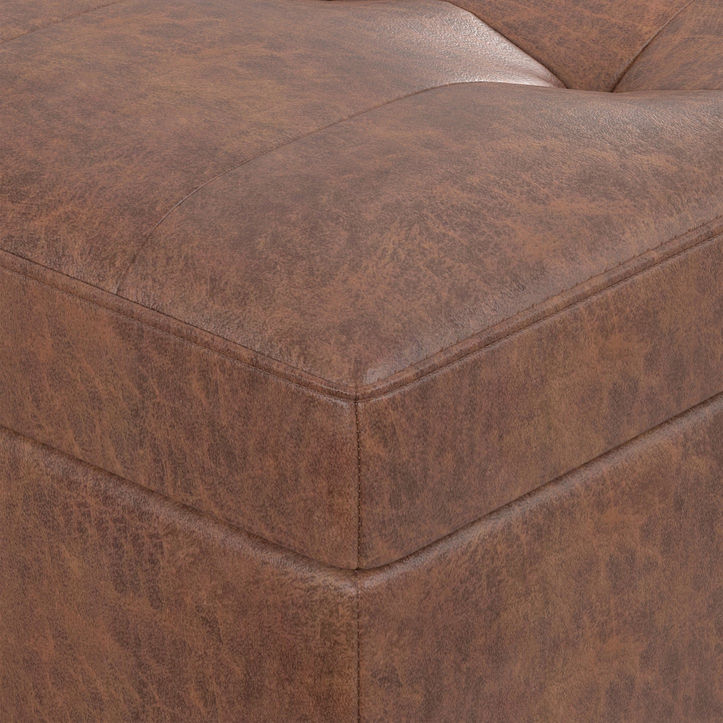 Distressed Saddle Brown Distressed Vegan Leather | Shay Mid Century Rectangular Storage Ottoman in Distressed Saddle Brown