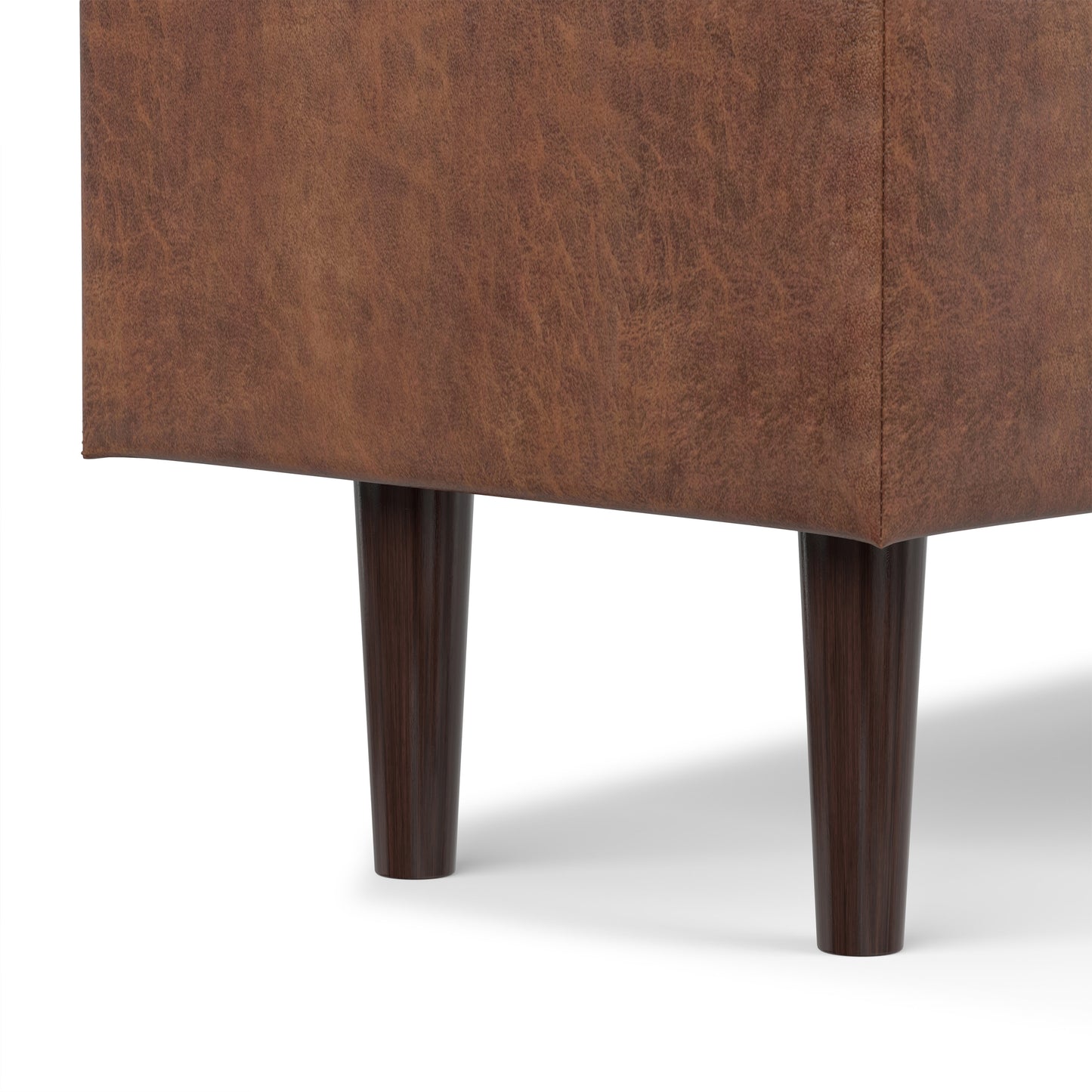 Distressed Saddle Brown Distressed Vegan Leather | Shay Mid Century Rectangular Storage Ottoman in Distressed Saddle Brown