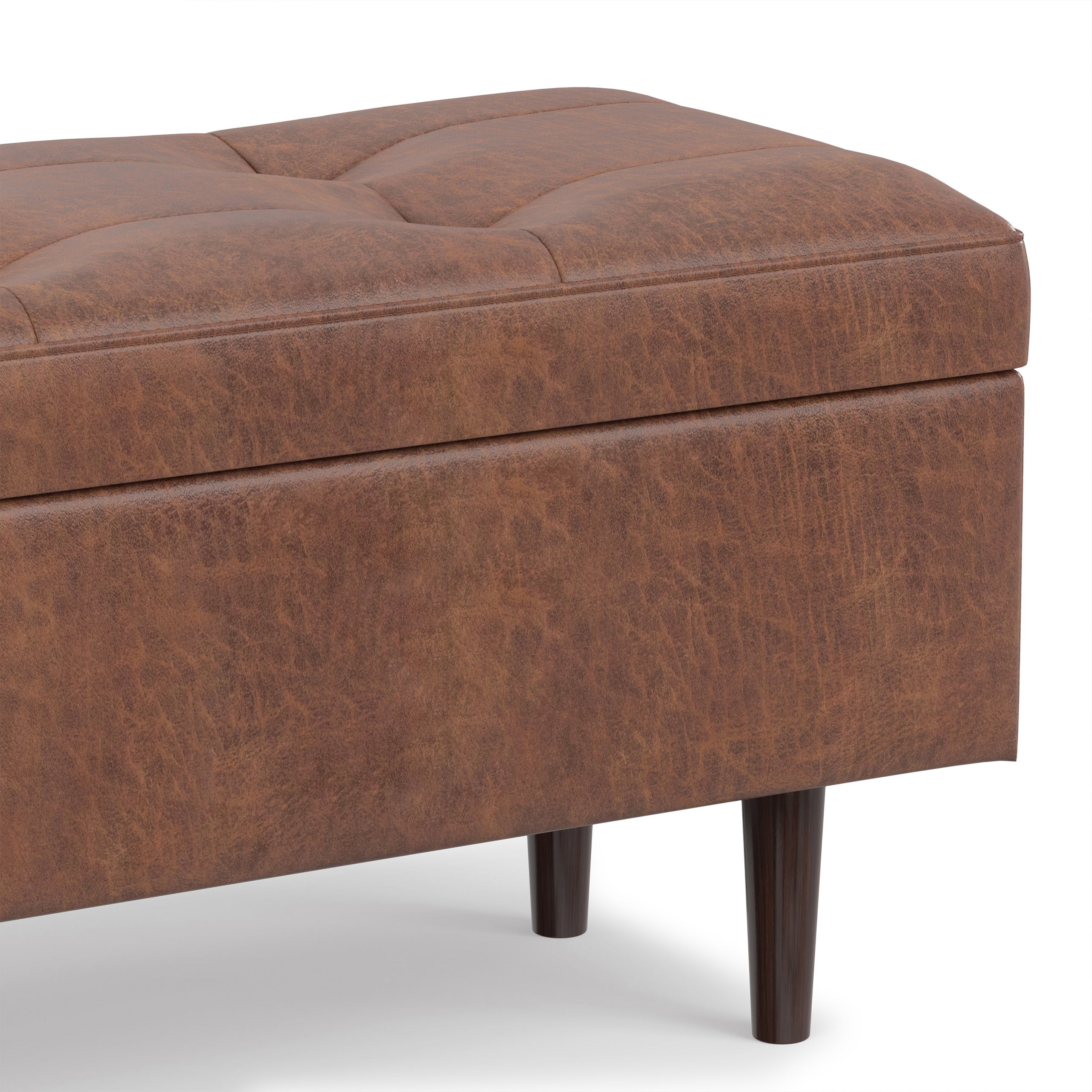 Distressed Saddle Brown Distressed Vegan Leather | Shay Mid Century Rectangular Storage Ottoman in Distressed Saddle Brown