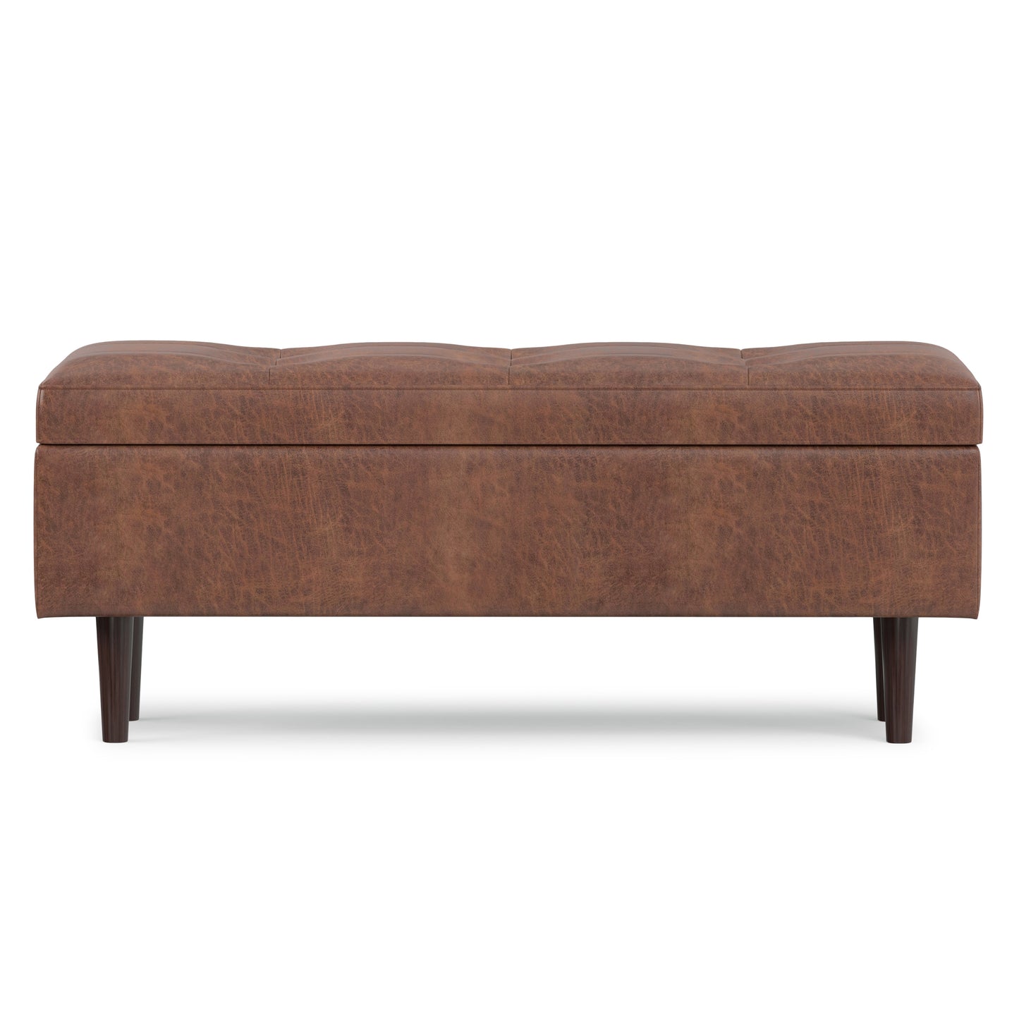 Distressed Saddle Brown Distressed Vegan Leather | Shay Mid Century Rectangular Storage Ottoman in Distressed Saddle Brown