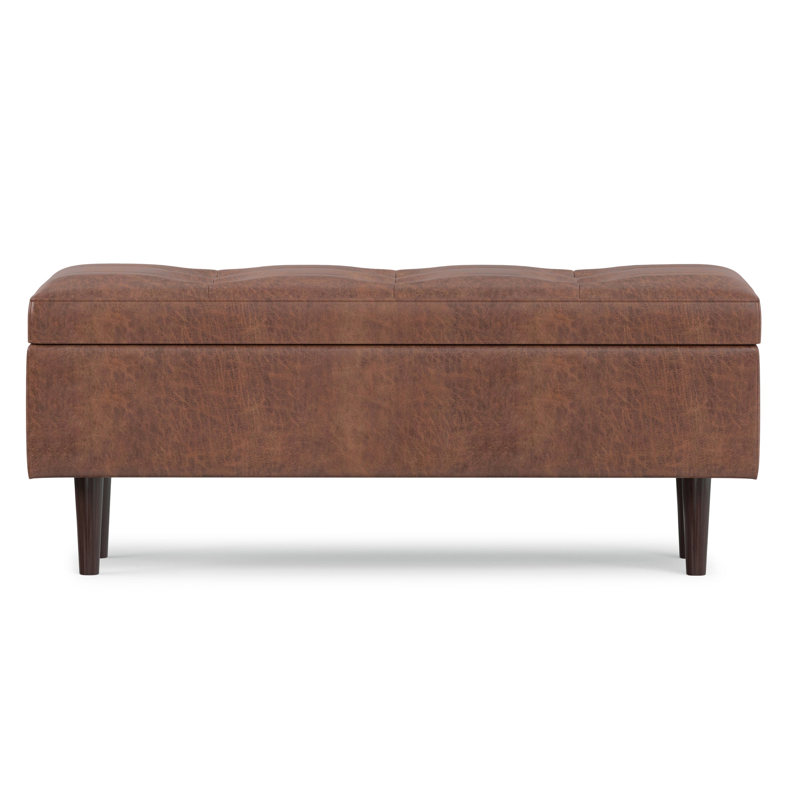Distressed Saddle Brown Distressed Vegan Leather | Shay Mid Century Rectangular Storage Ottoman in Distressed Saddle Brown