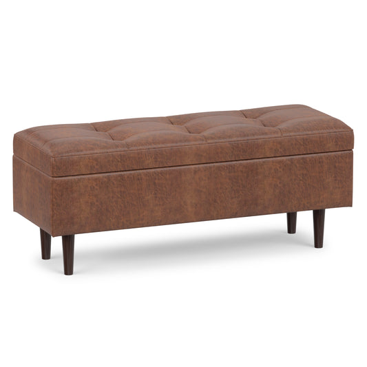 Distressed Saddle Brown Distressed Vegan Leather | Shay Mid Century Rectangular Storage Ottoman in Distressed Saddle Brown