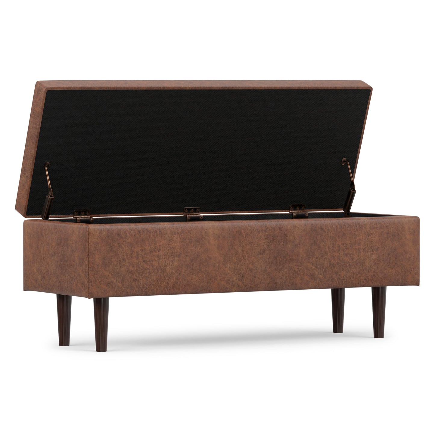 Distressed Saddle Brown Distressed Vegan Leather | Shay Mid Century Rectangular Storage Ottoman in Distressed Saddle Brown