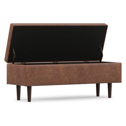 Distressed Saddle Brown Distressed Vegan Leather | Shay Mid Century Rectangular Storage Ottoman in Distressed Saddle Brown