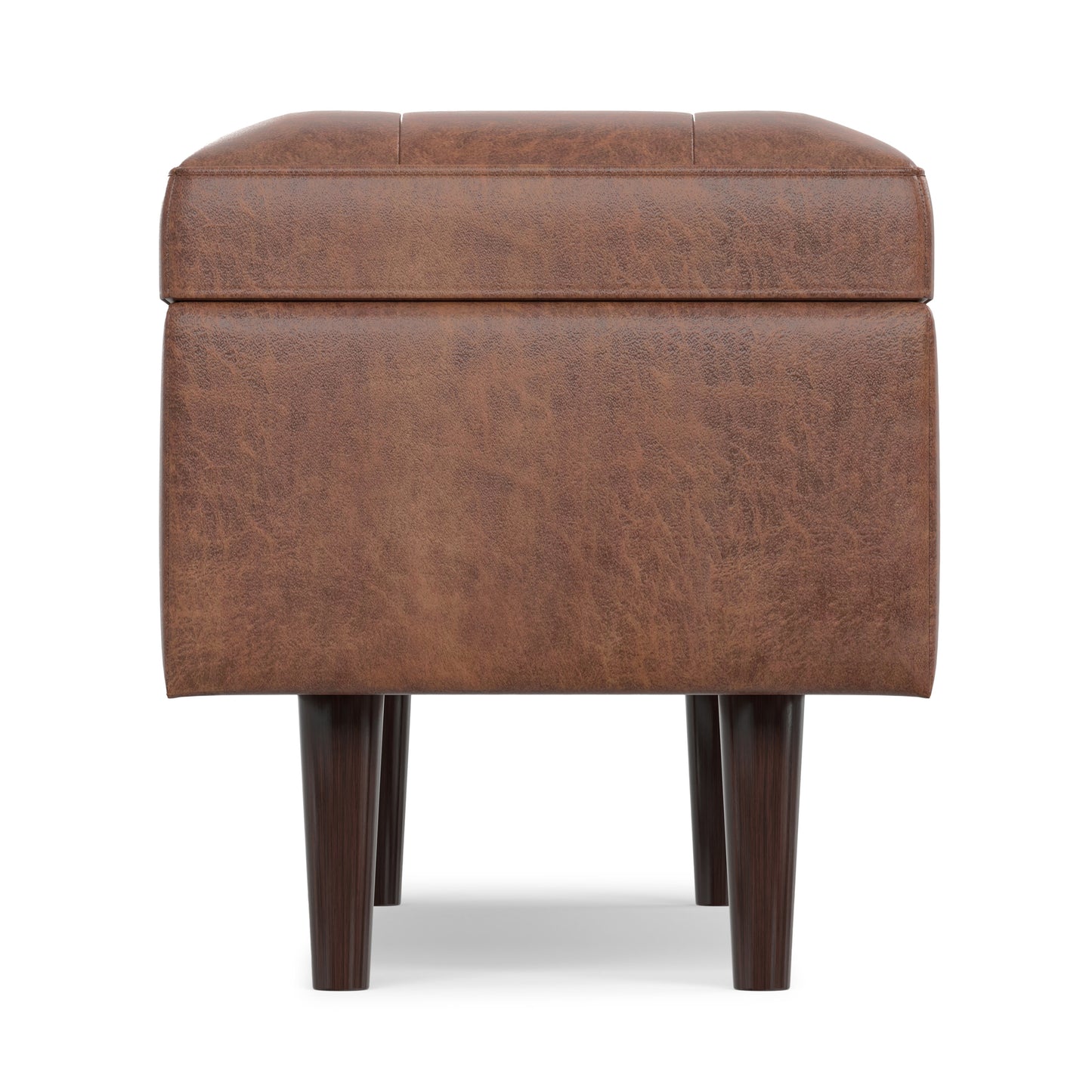 Distressed Saddle Brown Distressed Vegan Leather | Shay Mid Century Rectangular Storage Ottoman in Distressed Saddle Brown