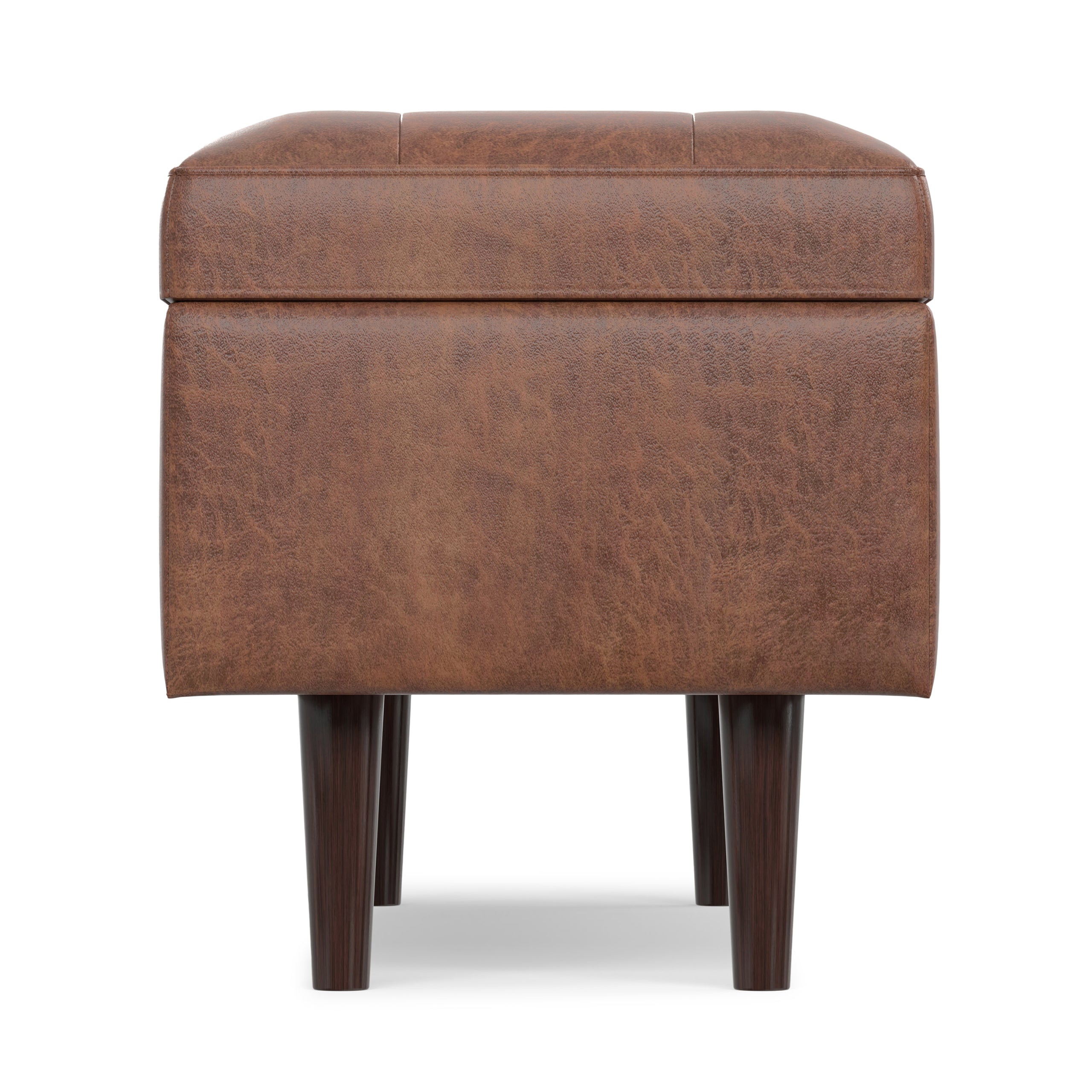 Distressed Saddle Brown Distressed Vegan Leather | Shay Mid Century Rectangular Storage Ottoman in Distressed Saddle Brown