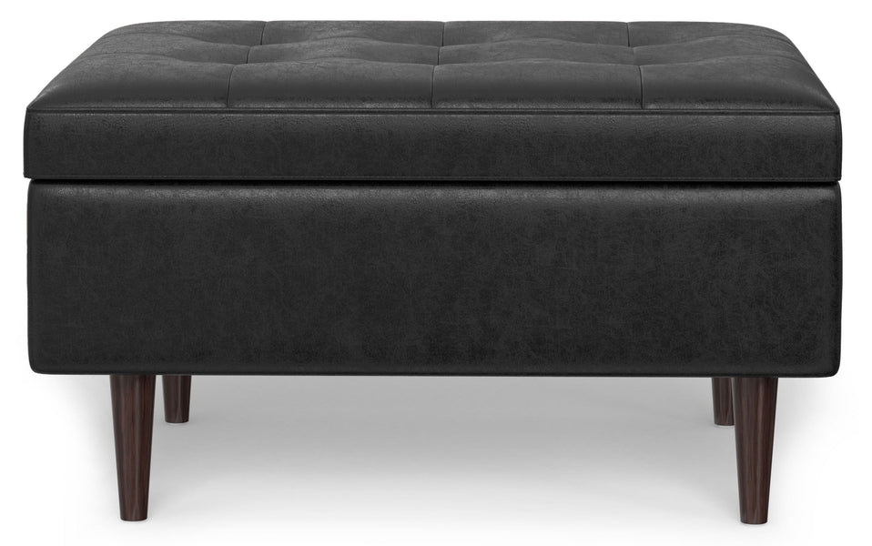 Distressed Black Distressed Vegan Leather | Shay Mid Century Small Square Coffee Table Storage Ottoman