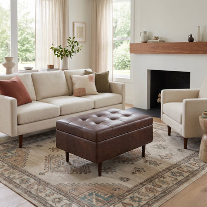 Distressed Chestnut Brown Distressed Vegan Leather | Shay Mid Century Small Square Coffee Table Storage Ottoman