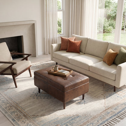 Distressed Chestnut Brown Distressed Vegan Leather | Shay Mid Century Small Square Coffee Table Storage Ottoman