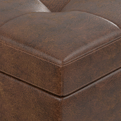 Distressed Chestnut Brown Distressed Vegan Leather | Shay Mid Century Small Square Coffee Table Storage Ottoman