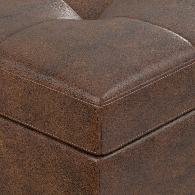 Distressed Chestnut Brown Distressed Vegan Leather | Shay Mid Century Small Square Coffee Table Storage Ottoman