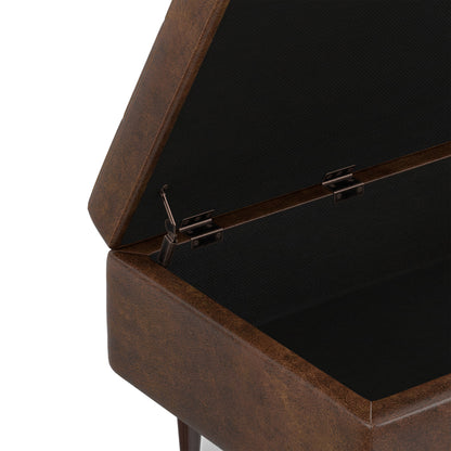 Distressed Chestnut Brown Distressed Vegan Leather | Shay Mid Century Small Square Coffee Table Storage Ottoman