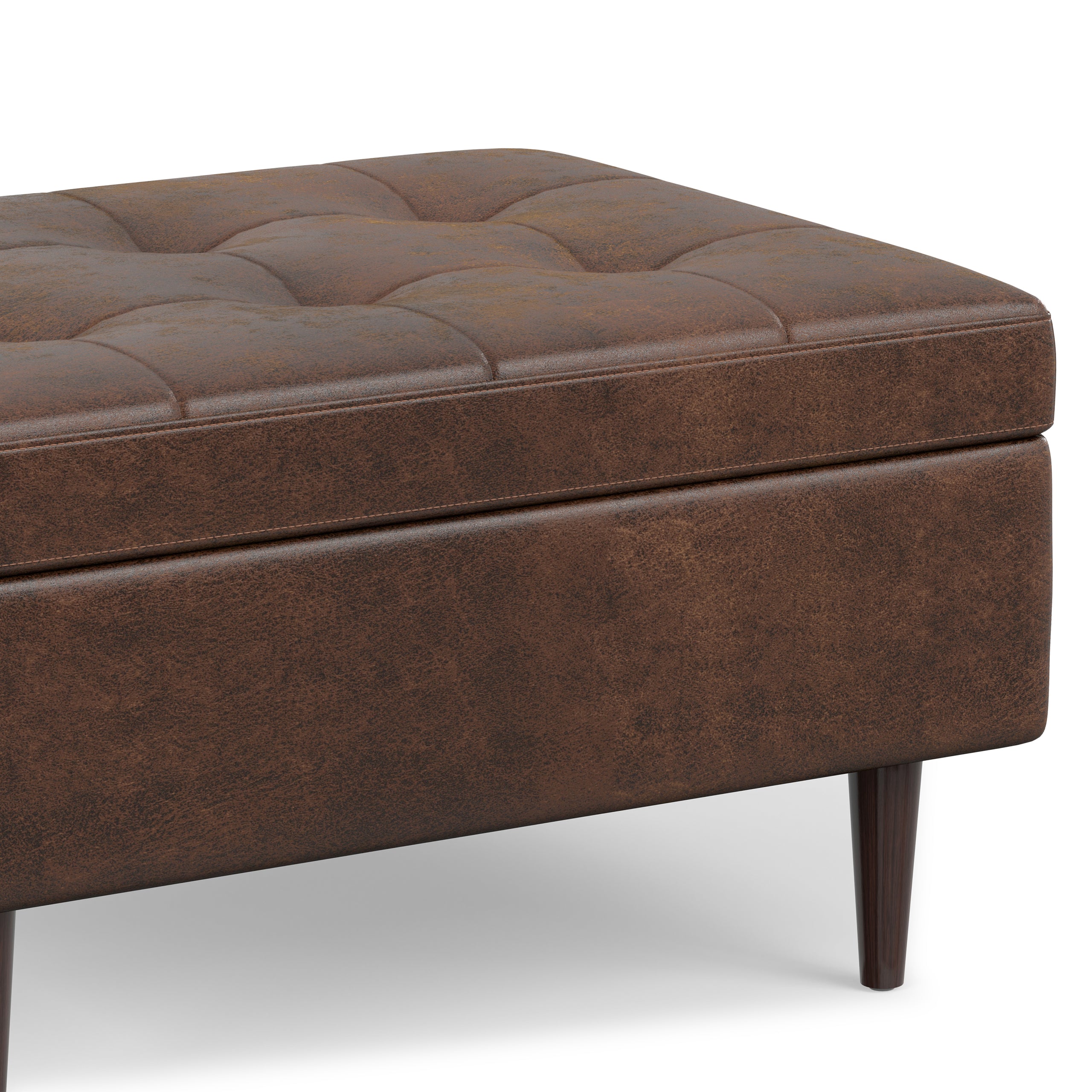 Distressed Chestnut Brown Distressed Vegan Leather | Shay Mid Century Small Square Coffee Table Storage Ottoman