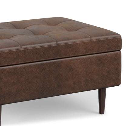 Distressed Chestnut Brown Distressed Vegan Leather | Shay Mid Century Small Square Coffee Table Storage Ottoman