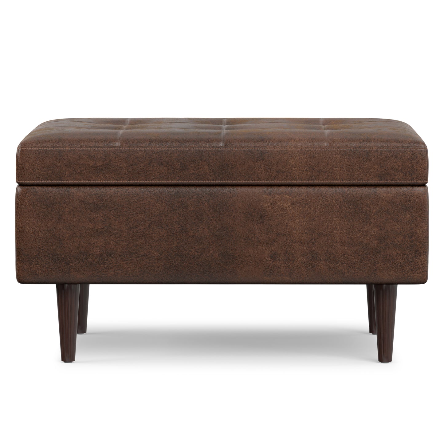 Distressed Chestnut Brown Distressed Vegan Leather | Shay Mid Century Small Square Coffee Table Storage Ottoman
