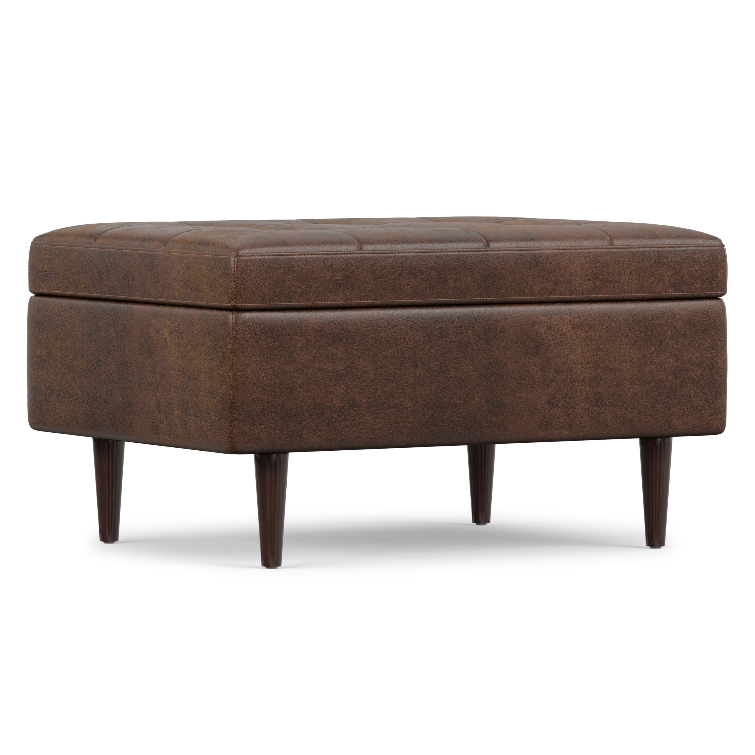 Distressed Chestnut Brown Distressed Vegan Leather | Shay Mid Century Small Square Coffee Table Storage Ottoman