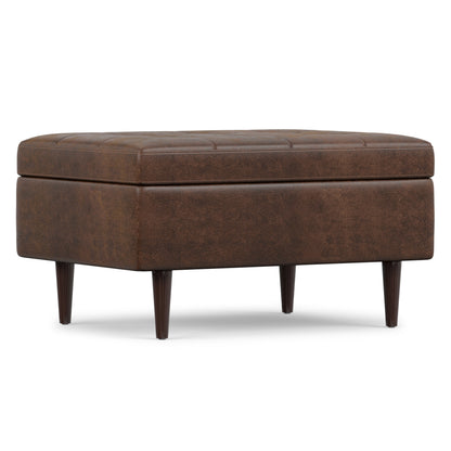 Distressed Chestnut Brown Distressed Vegan Leather | Shay Mid Century Small Square Coffee Table Storage Ottoman