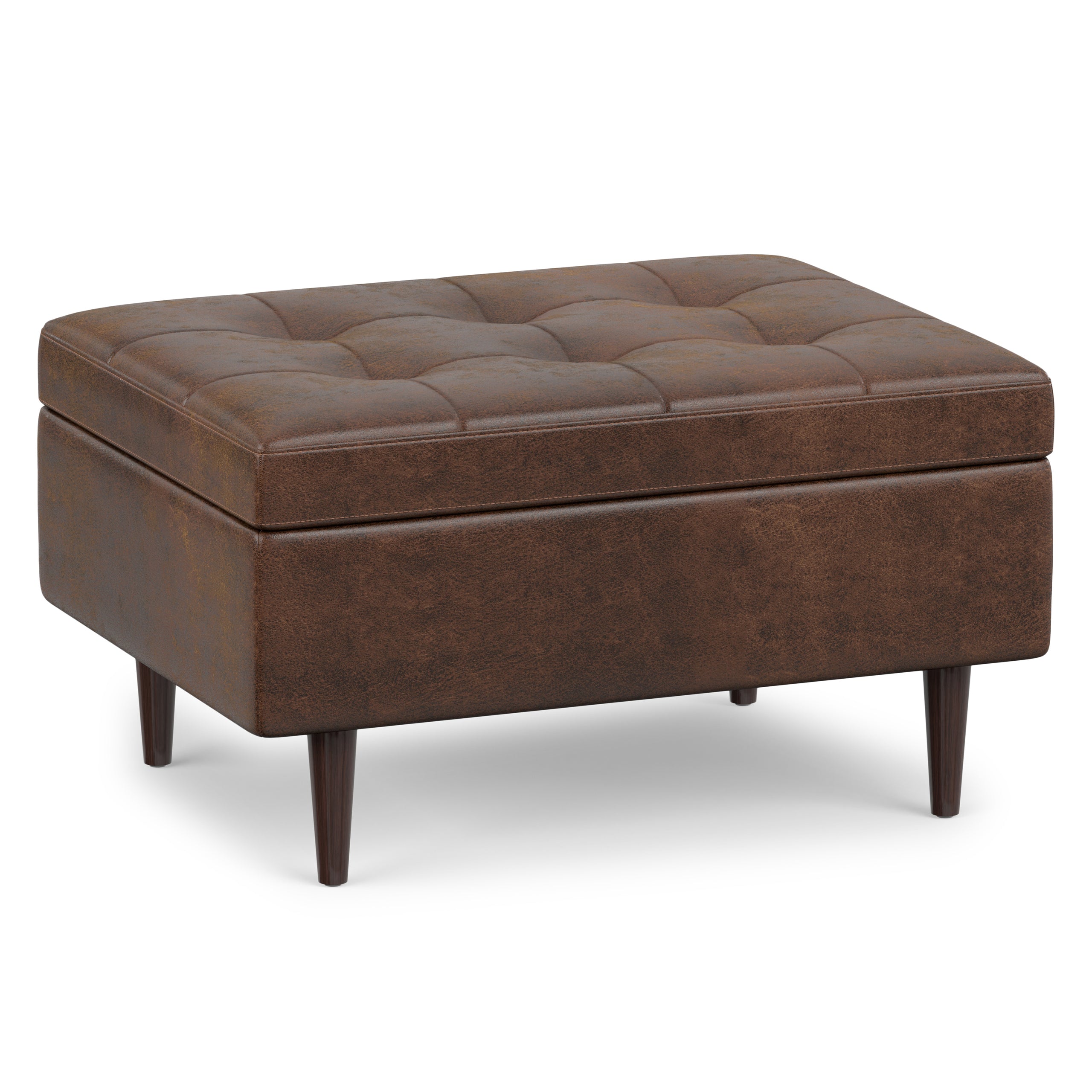 Distressed Chestnut Brown Distressed Vegan Leather | Shay Mid Century Small Square Coffee Table Storage Ottoman
