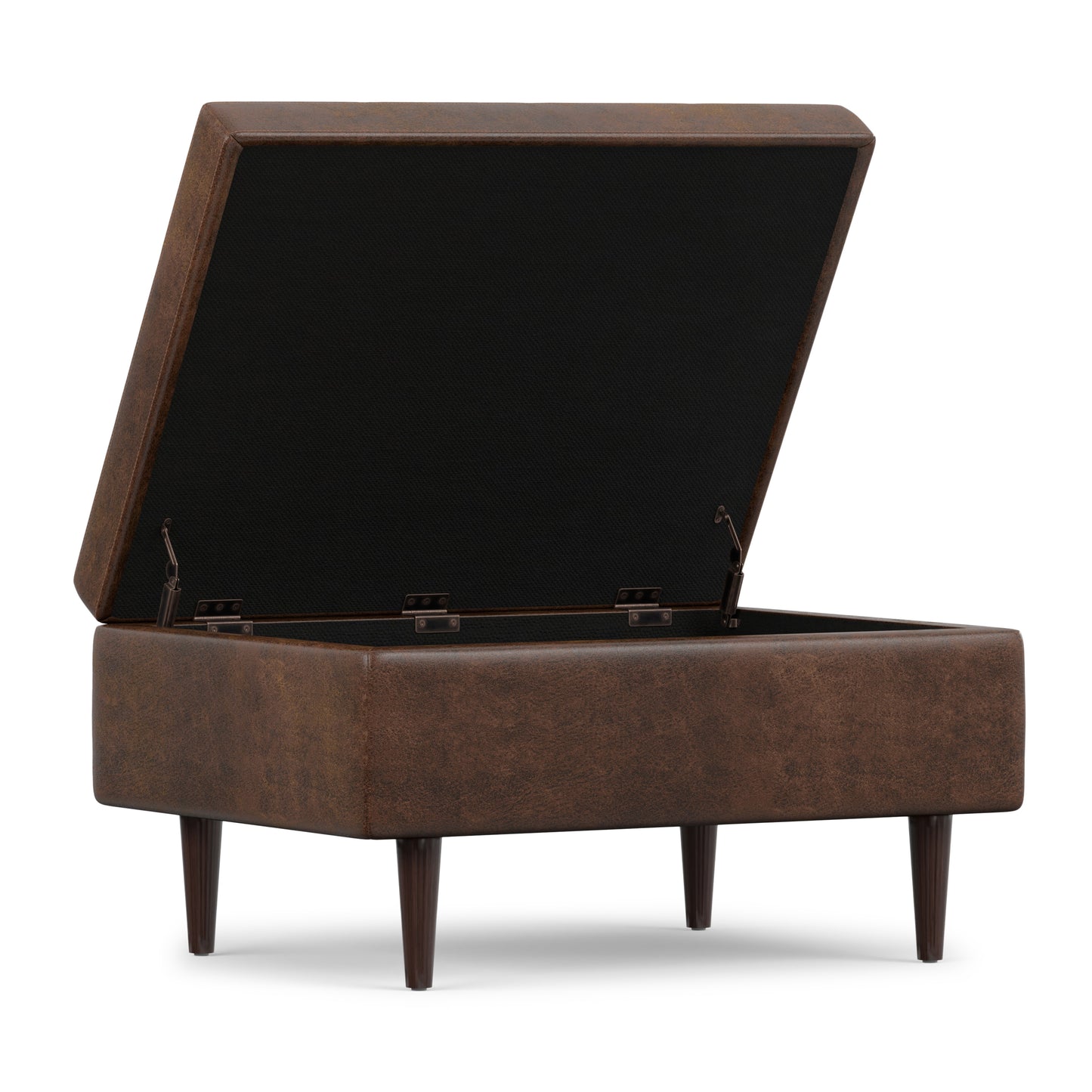 Distressed Chestnut Brown Distressed Vegan Leather | Shay Mid Century Small Square Coffee Table Storage Ottoman