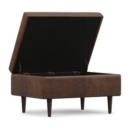 Distressed Chestnut Brown Distressed Vegan Leather | Shay Mid Century Small Square Coffee Table Storage Ottoman
