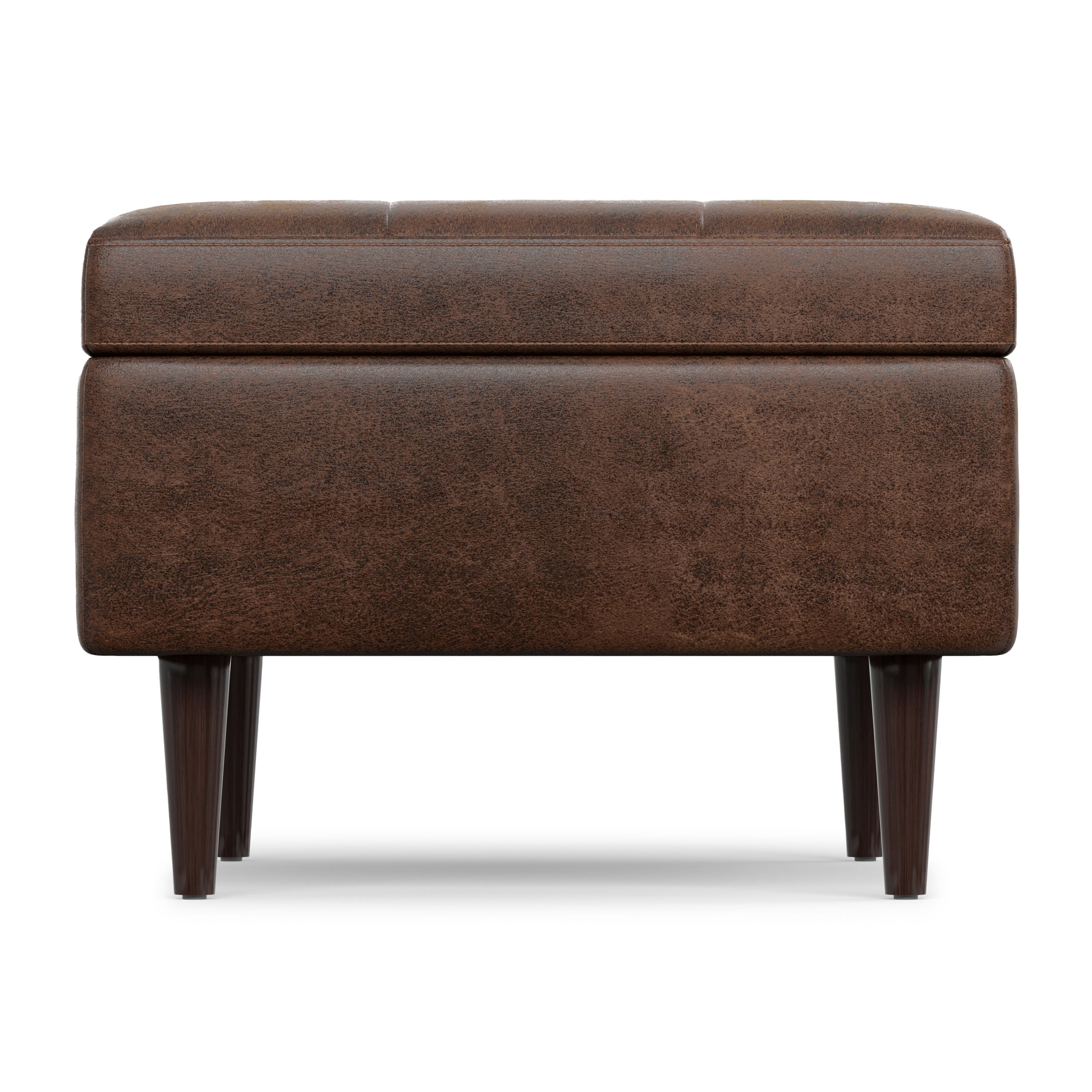 Distressed Chestnut Brown Distressed Vegan Leather | Shay Mid Century Small Square Coffee Table Storage Ottoman