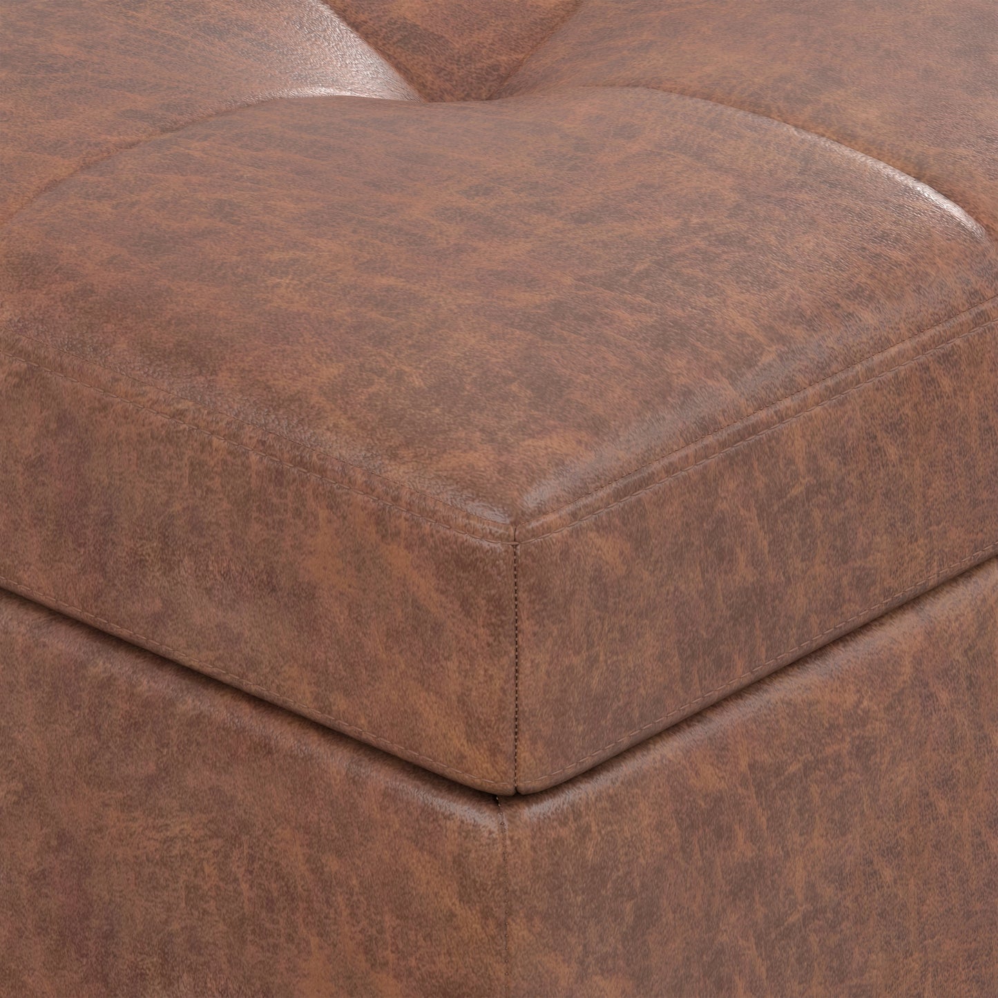 Distressed Saddle Brown Distressed Vegan Leather | Shay Mid Century Small Square Coffee Table Storage Ottoman
