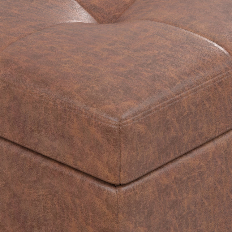 Distressed Saddle Brown Distressed Vegan Leather | Shay Mid Century Small Square Coffee Table Storage Ottoman