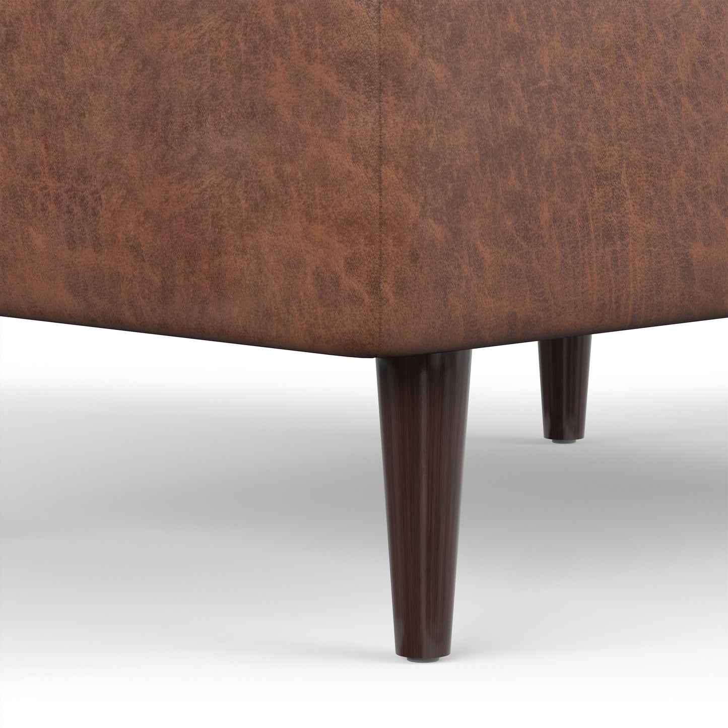 Distressed Saddle Brown Distressed Vegan Leather | Shay Mid Century Small Square Coffee Table Storage Ottoman