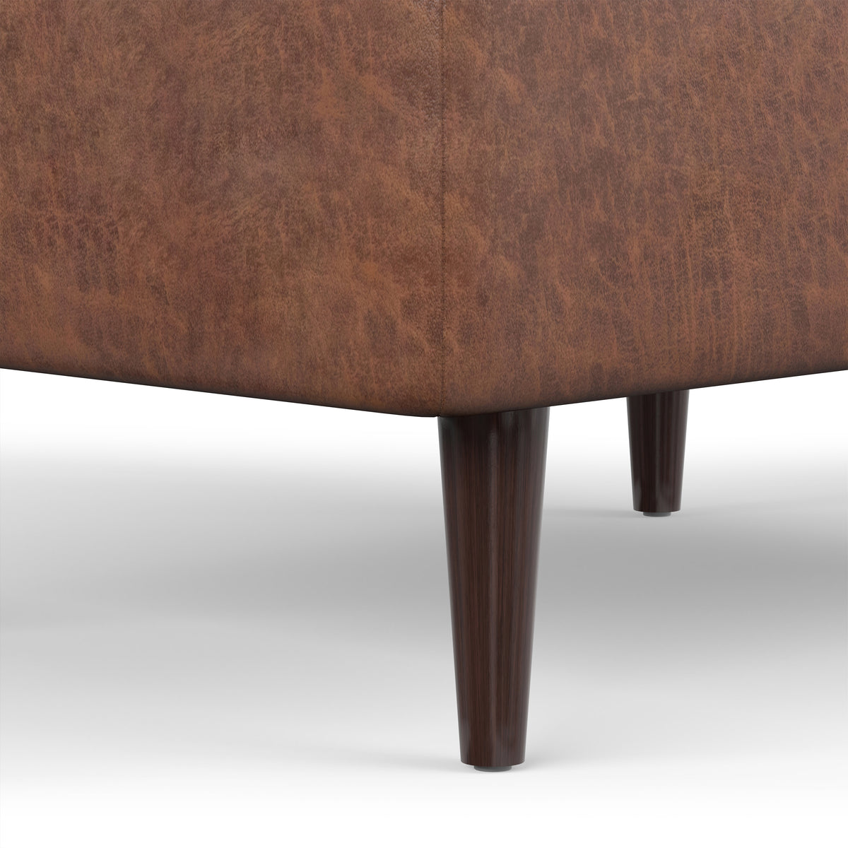 Distressed Saddle Brown Distressed Vegan Leather | Shay Mid Century Small Square Coffee Table Storage Ottoman
