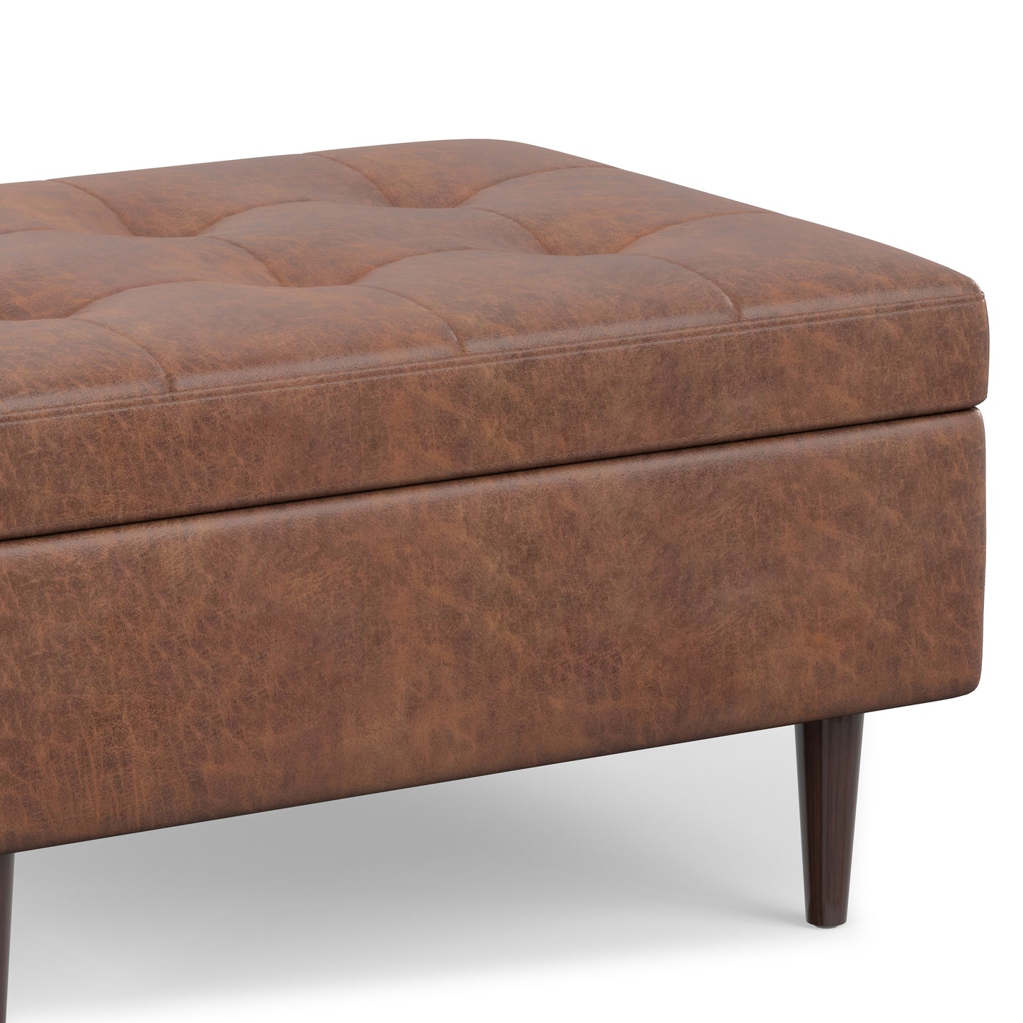 Distressed Saddle Brown Distressed Vegan Leather | Shay Mid Century Small Square Coffee Table Storage Ottoman